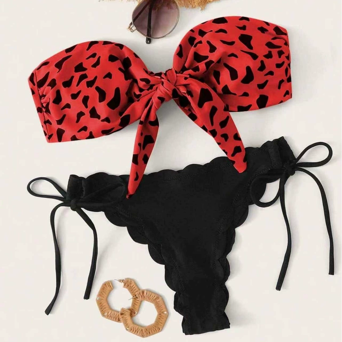 Two-Piece Bandeau Bikini with Front Tie and Ruffled Bottoms