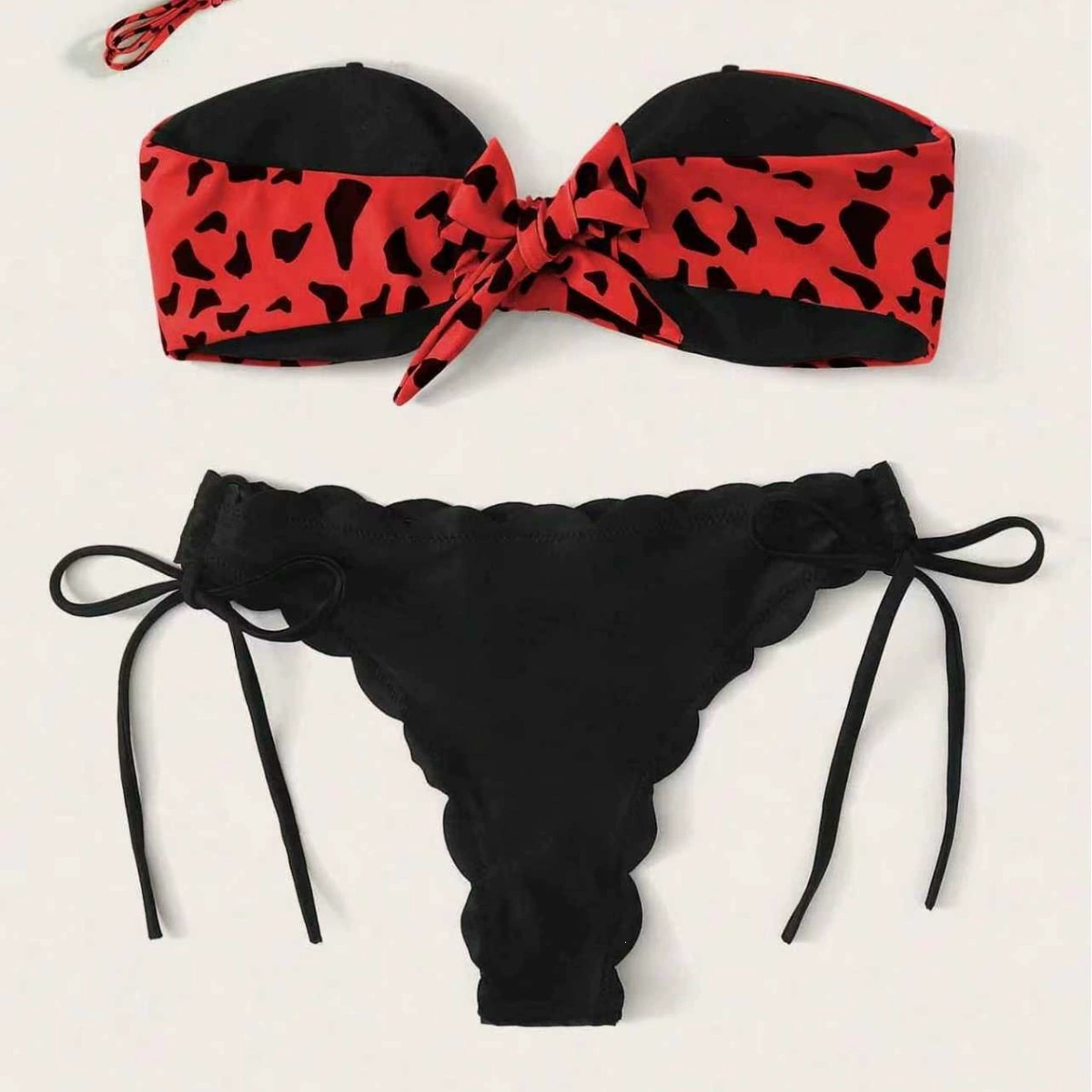 Two-Piece Bandeau Bikini with Front Tie and Ruffled Bottoms