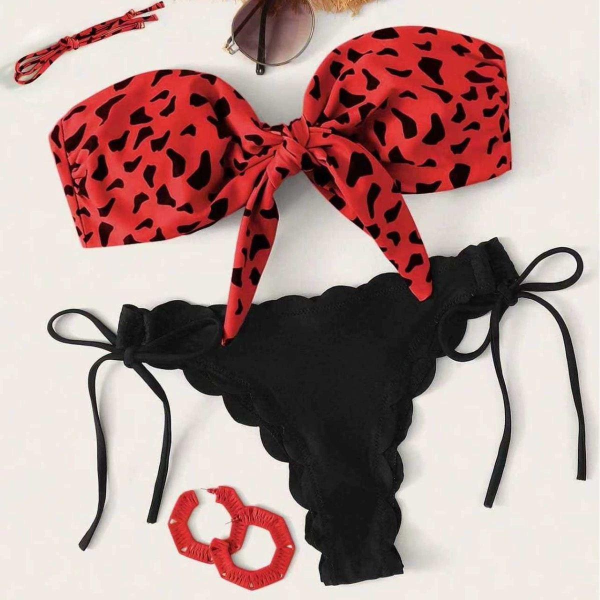 Two-Piece Bandeau Bikini with Front Tie and Ruffled Bottoms view 3