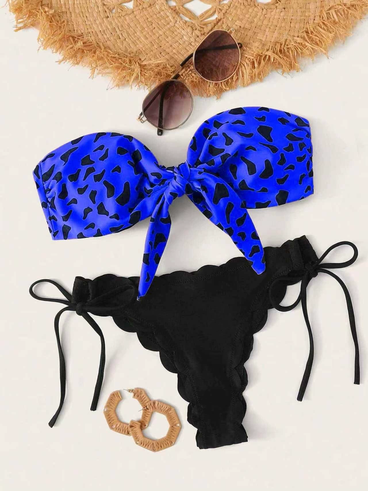Two-Piece Bandeau Bikini with Front Tie and Ruffled Bottoms view 7