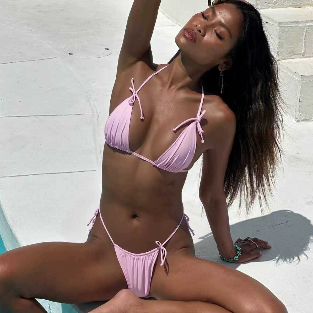 Triangle Halter Bikini Set with Ruched Cups and Tie-Side Bottoms