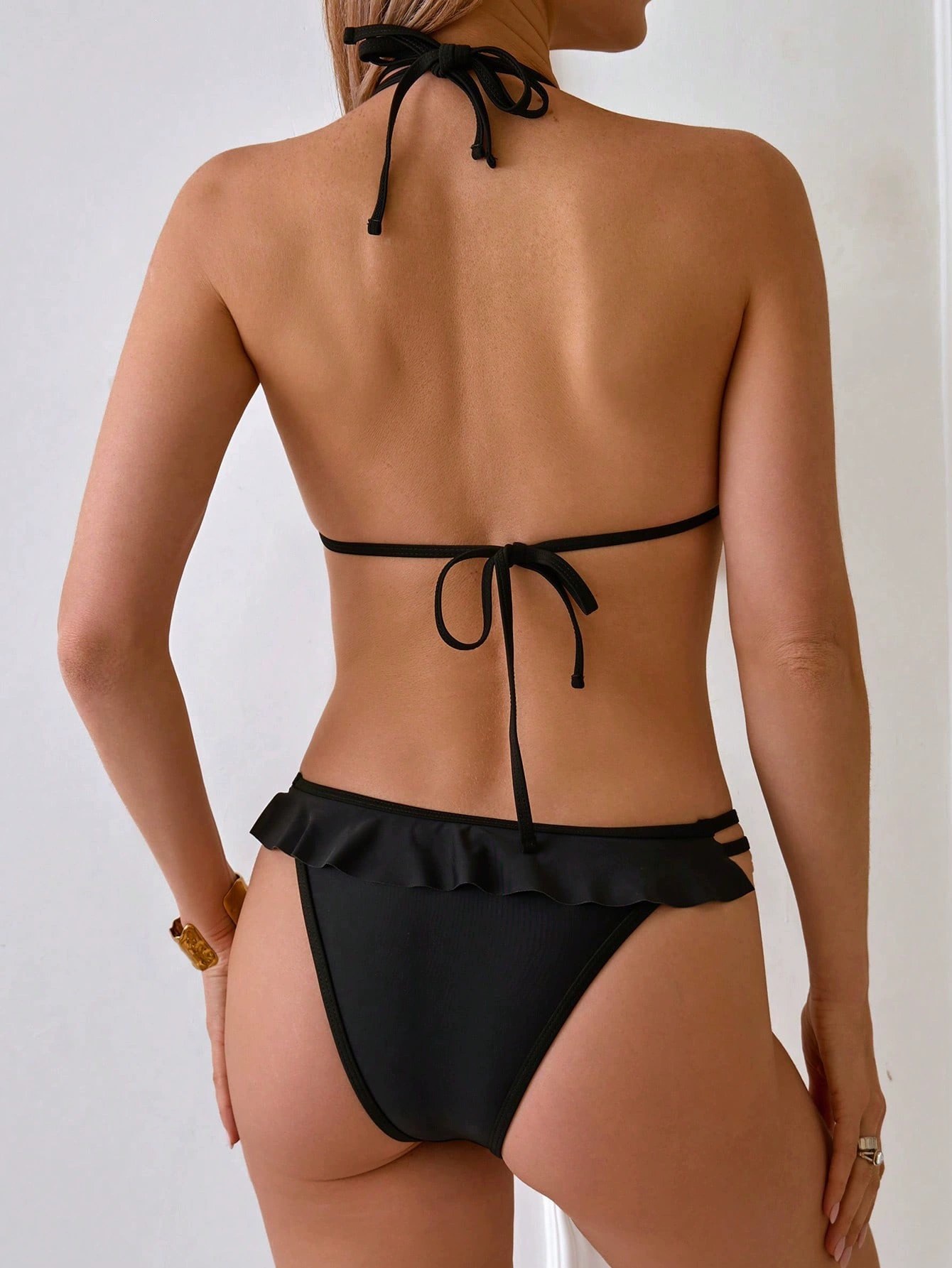 Ruffled Halter Triangle Bikini with Double Straps view 3
