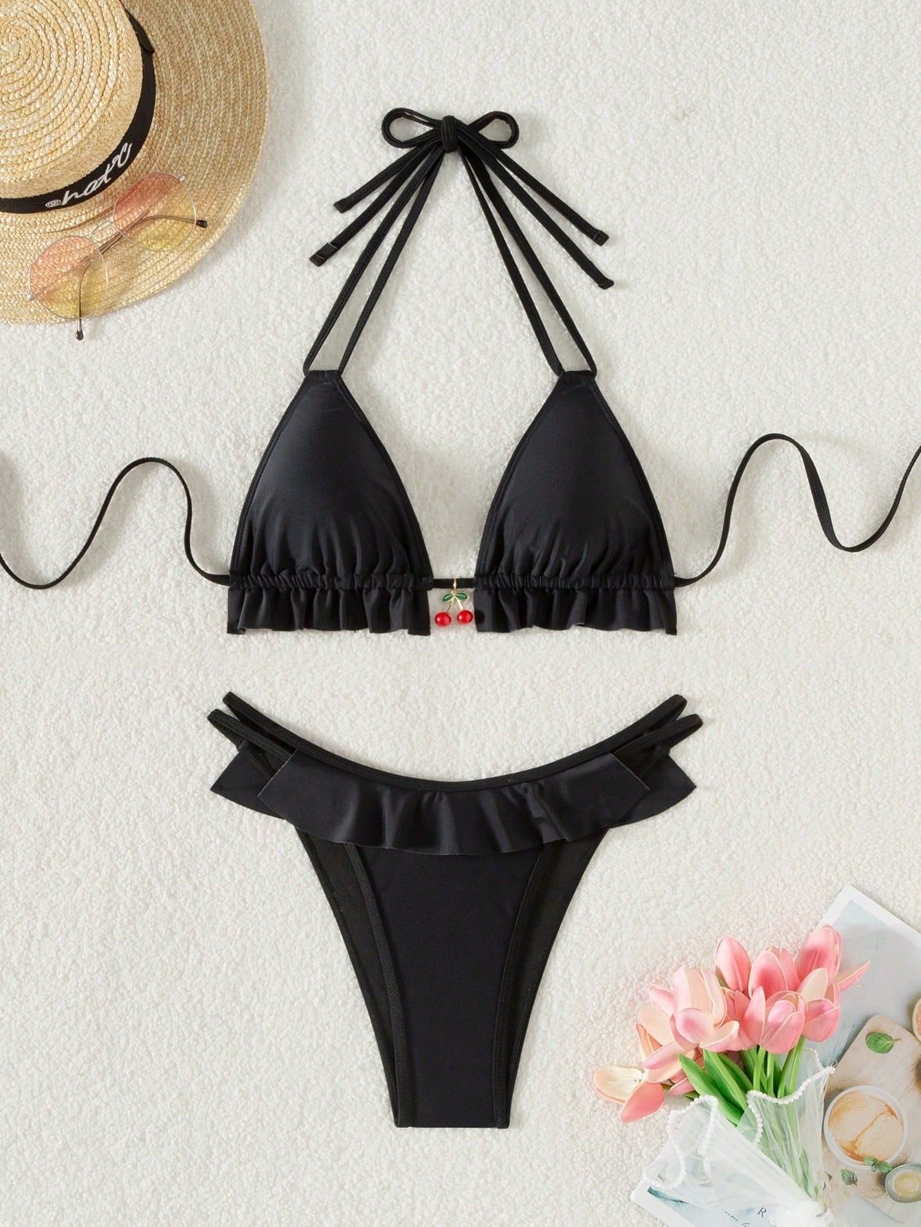 Ruffled Halter Triangle Bikini with Double Straps view 4