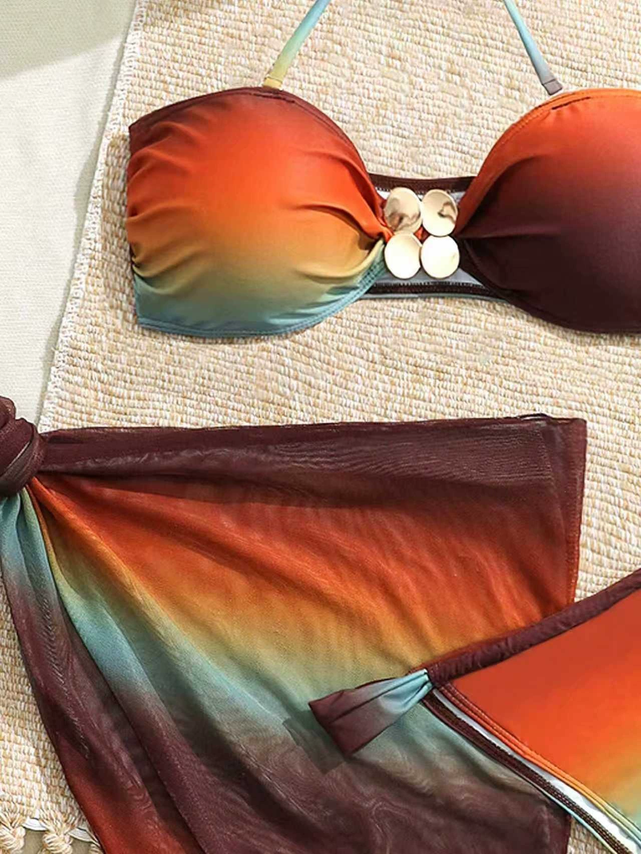 Three-Piece Bandeau Bikini Set with Wrap Skirt