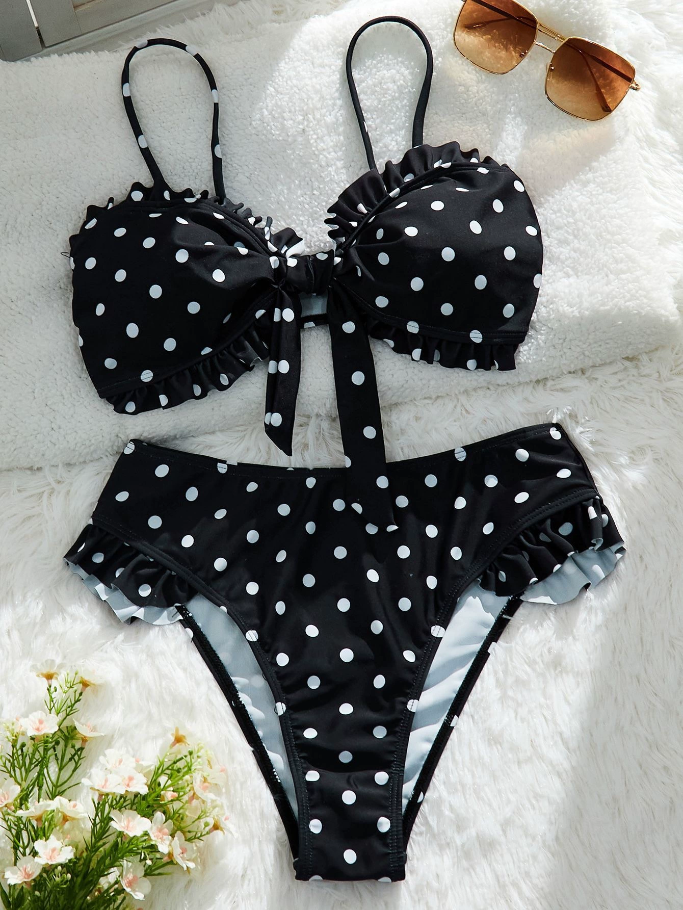 Ruffled Bandeau Bikini Set with Detachable Straps and High-Waist Bottoms view 5