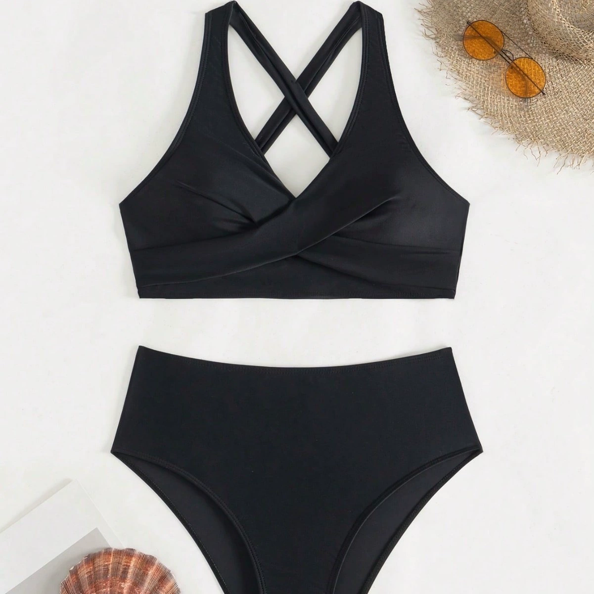 Wrap Front Bikini Set with High Waist Bottoms and Cross Back view 4