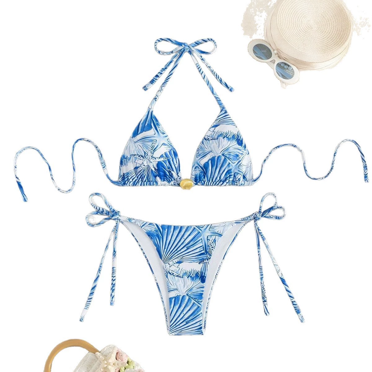 Women's Triangle Bikini Set with Shell Clasp and Tie Sides view 5