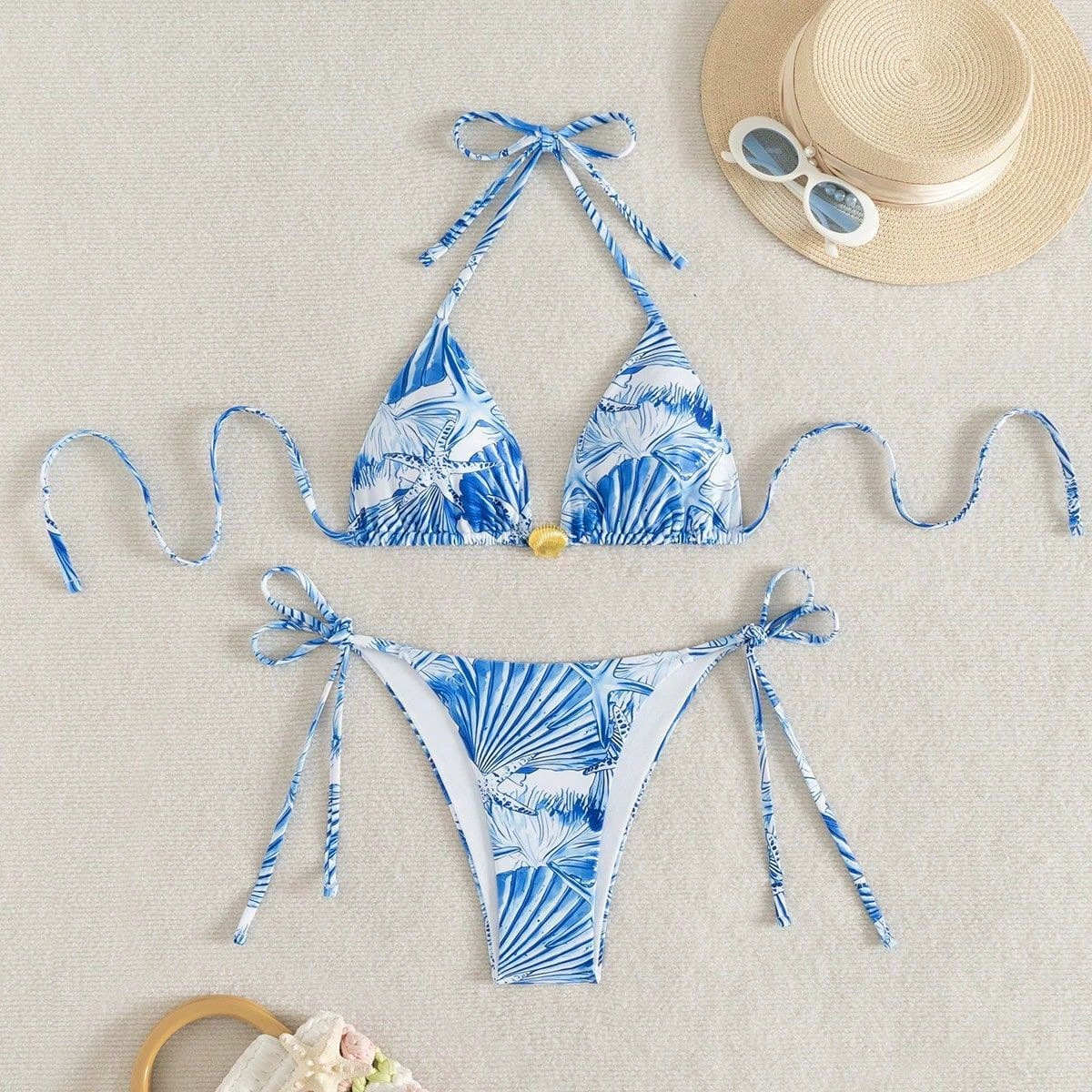 Women's Triangle Bikini Set with Shell Clasp and Tie Sides view 6
