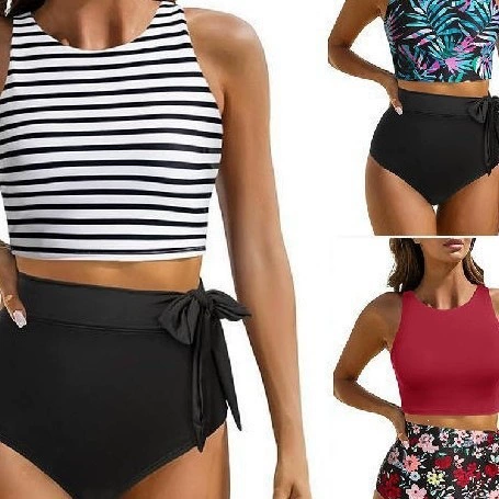 Round Neck Sleeveless Bikini Set with High Waist Tie Bottoms