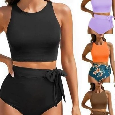 Round Neck Sleeveless Bikini Set with High Waist Tie Bottoms