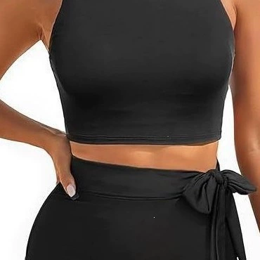 Round Neck Sleeveless Bikini Set with High Waist Tie Bottoms view 3