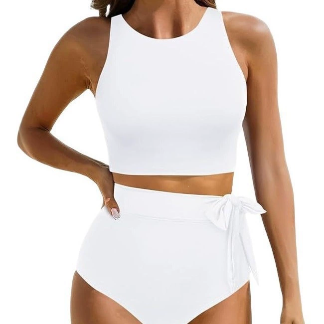 Round Neck Sleeveless Bikini Set with High Waist Tie Bottoms view 4