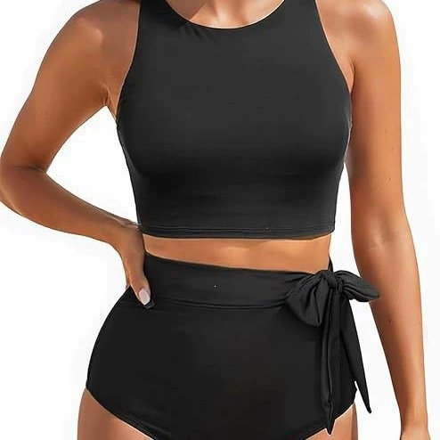 Round Neck Sleeveless Bikini Set with High Waist Tie Bottoms view 6