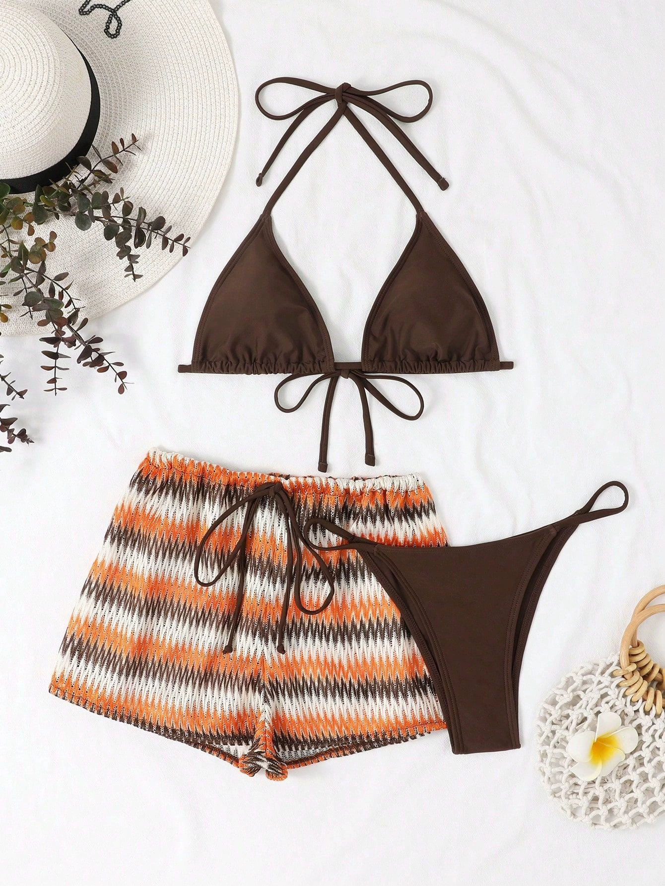 Three-Piece Bikini Set with Triangle Top and Cover-Up Shorts