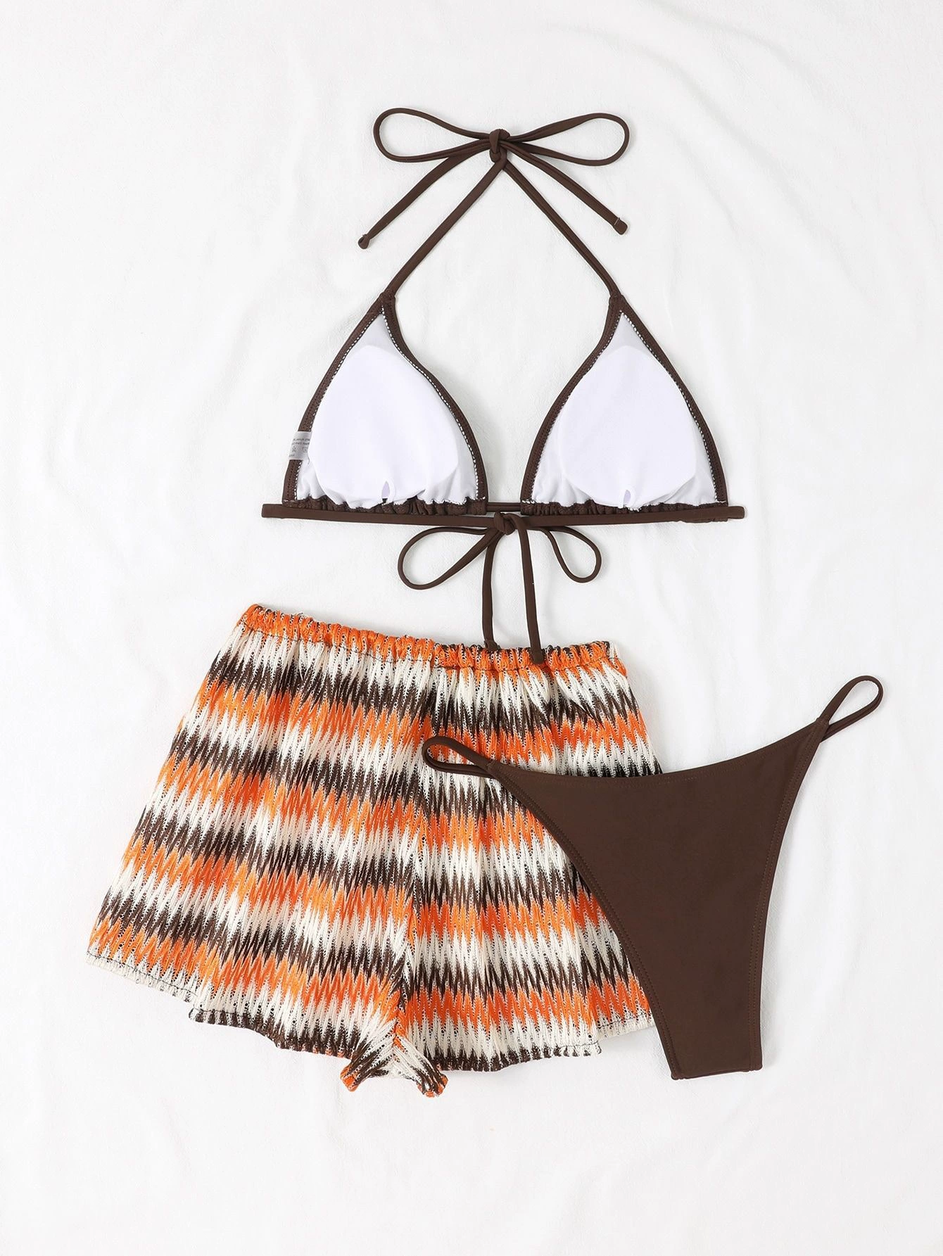 Three-Piece Bikini Set with Triangle Top and Cover-Up Shorts view 3