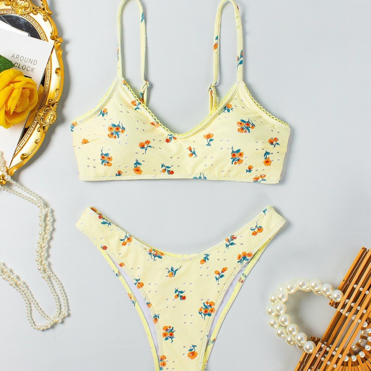 Two-Piece Bikini Set with Adjustable Spaghetti Straps and V-Neck Top