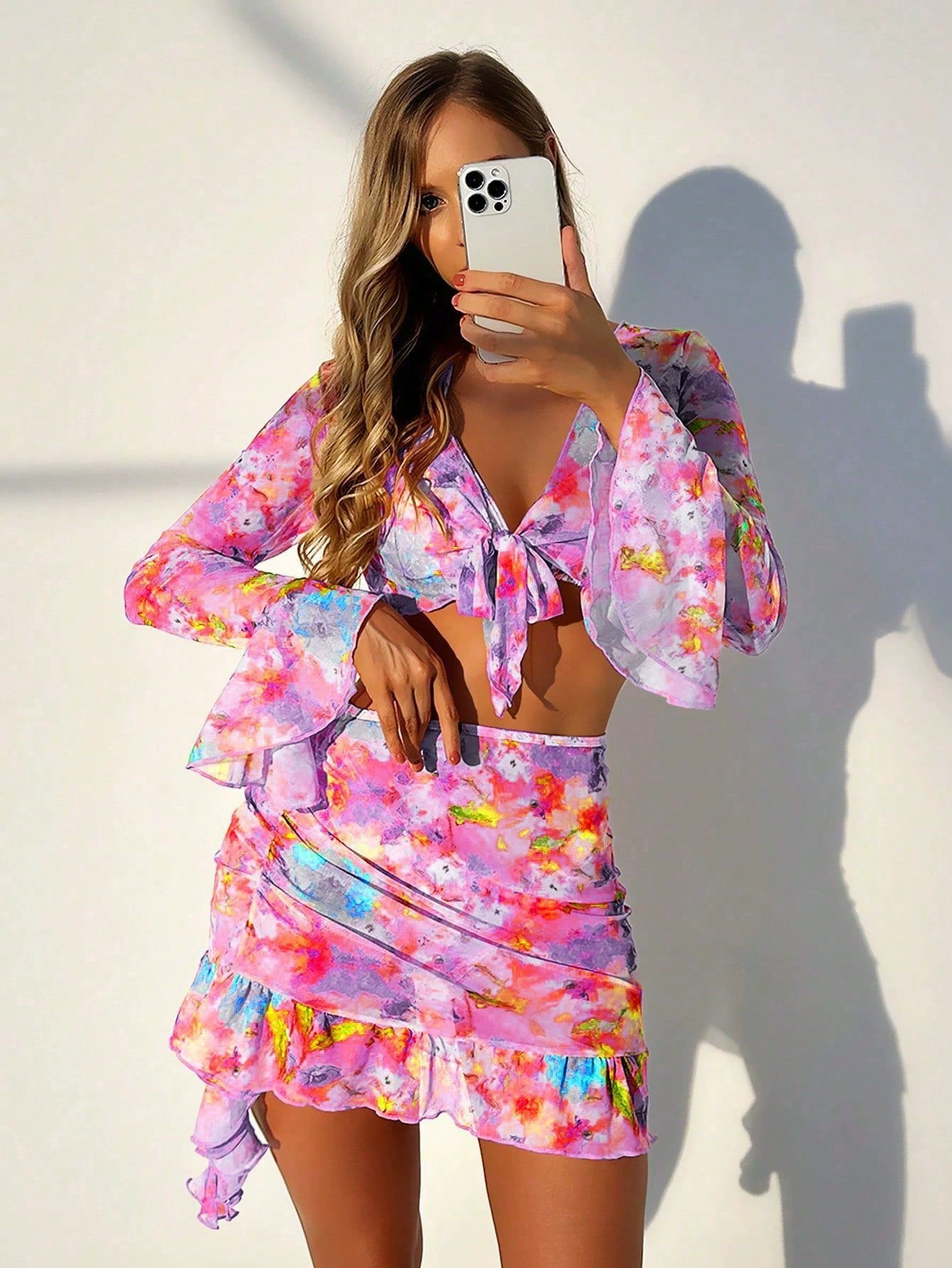 Four-Piece Bikini Set with Long Sleeve Top and Skirt view 3