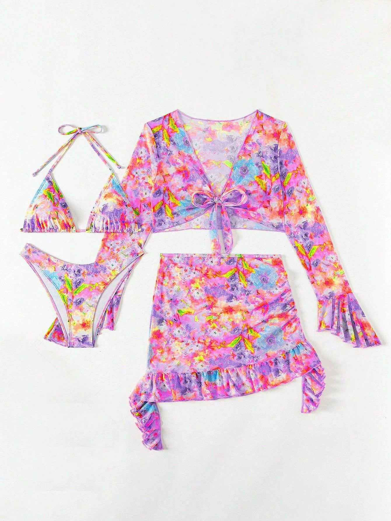 Four-Piece Bikini Set with Long Sleeve Top and Skirt view 4