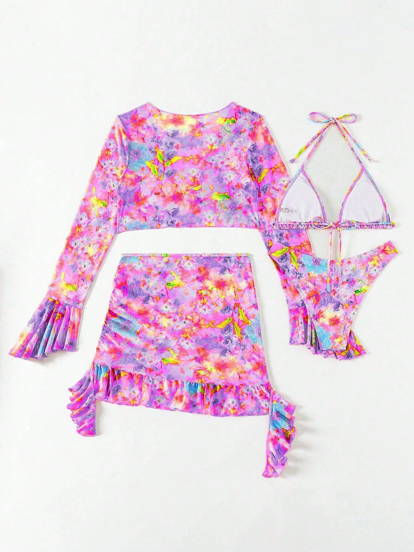 Four-Piece Bikini Set with Long Sleeve Top and Skirt view 5