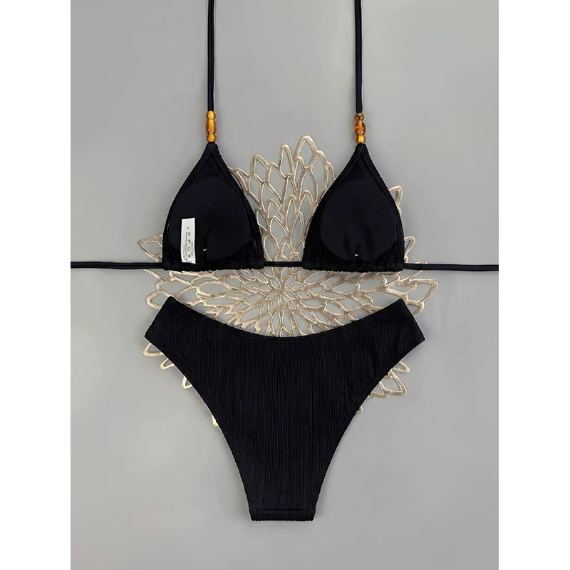 Halter Triangle Bikini Set with Beaded Straps
