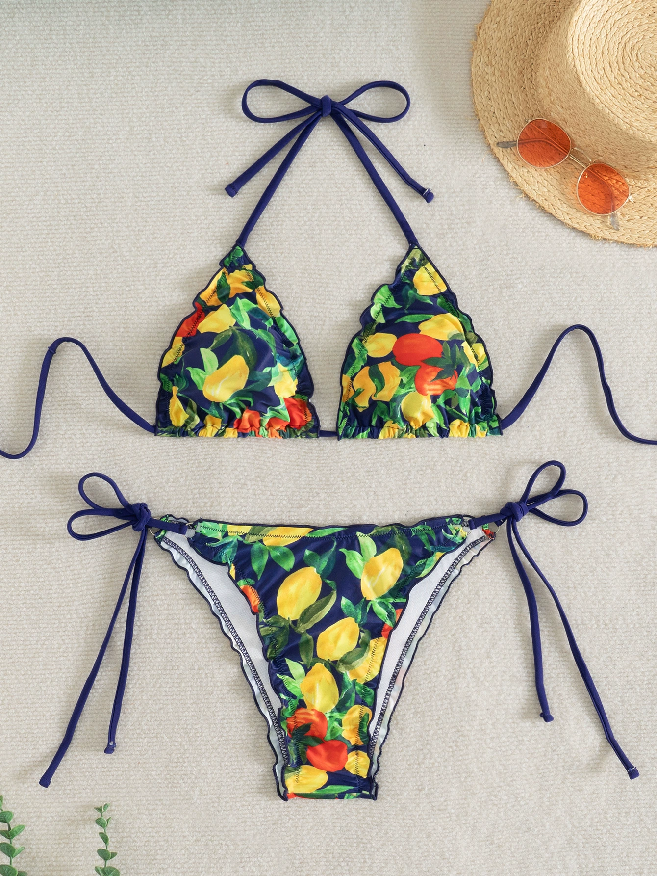 Women's Halter Triangle Bikini Set with Scalloped Trim and Side Ties view 5