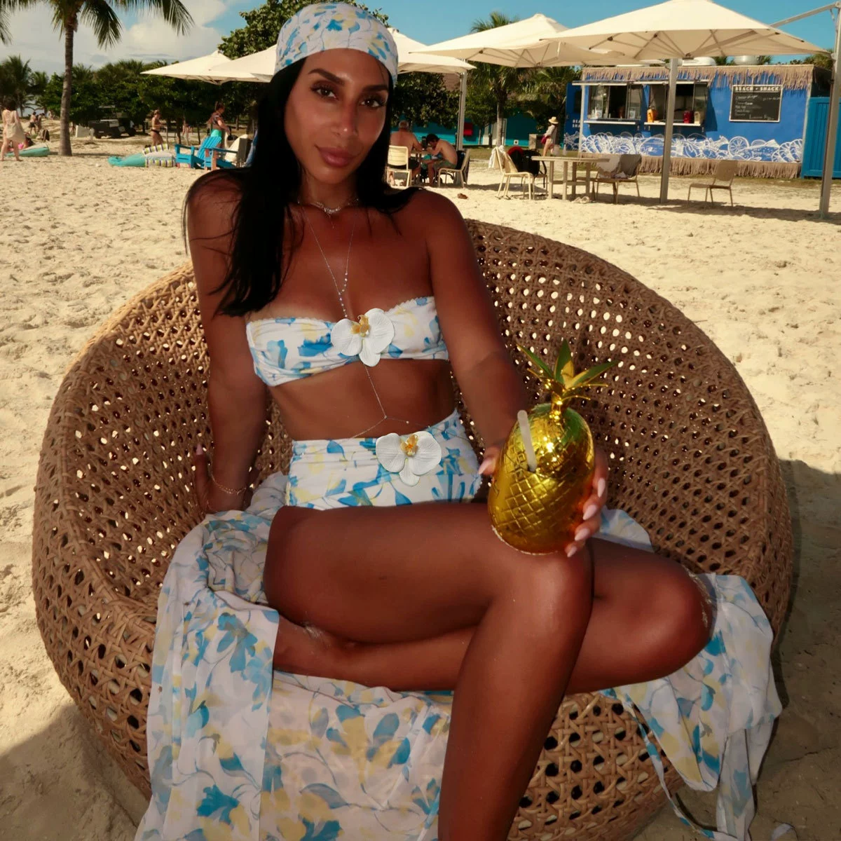 Bandeau Bikini Set with Ruched High Waist Bottom, Cover-Up and Head Scarf
