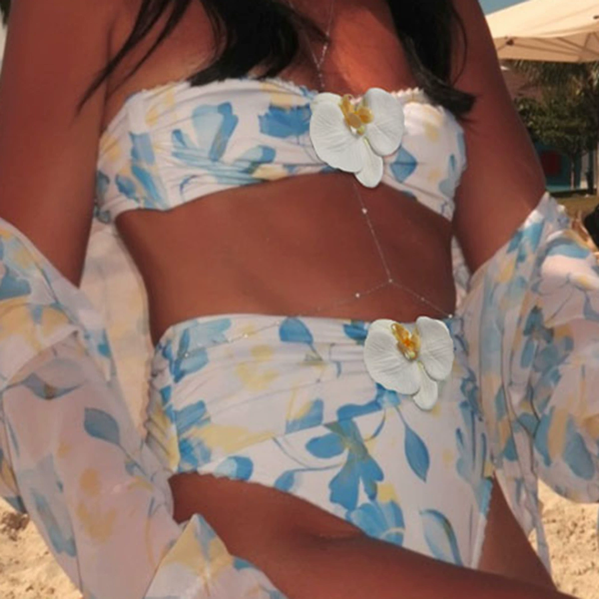 Bandeau Bikini Set with Ruched High Waist Bottom, Cover-Up and Head Scarf view 2