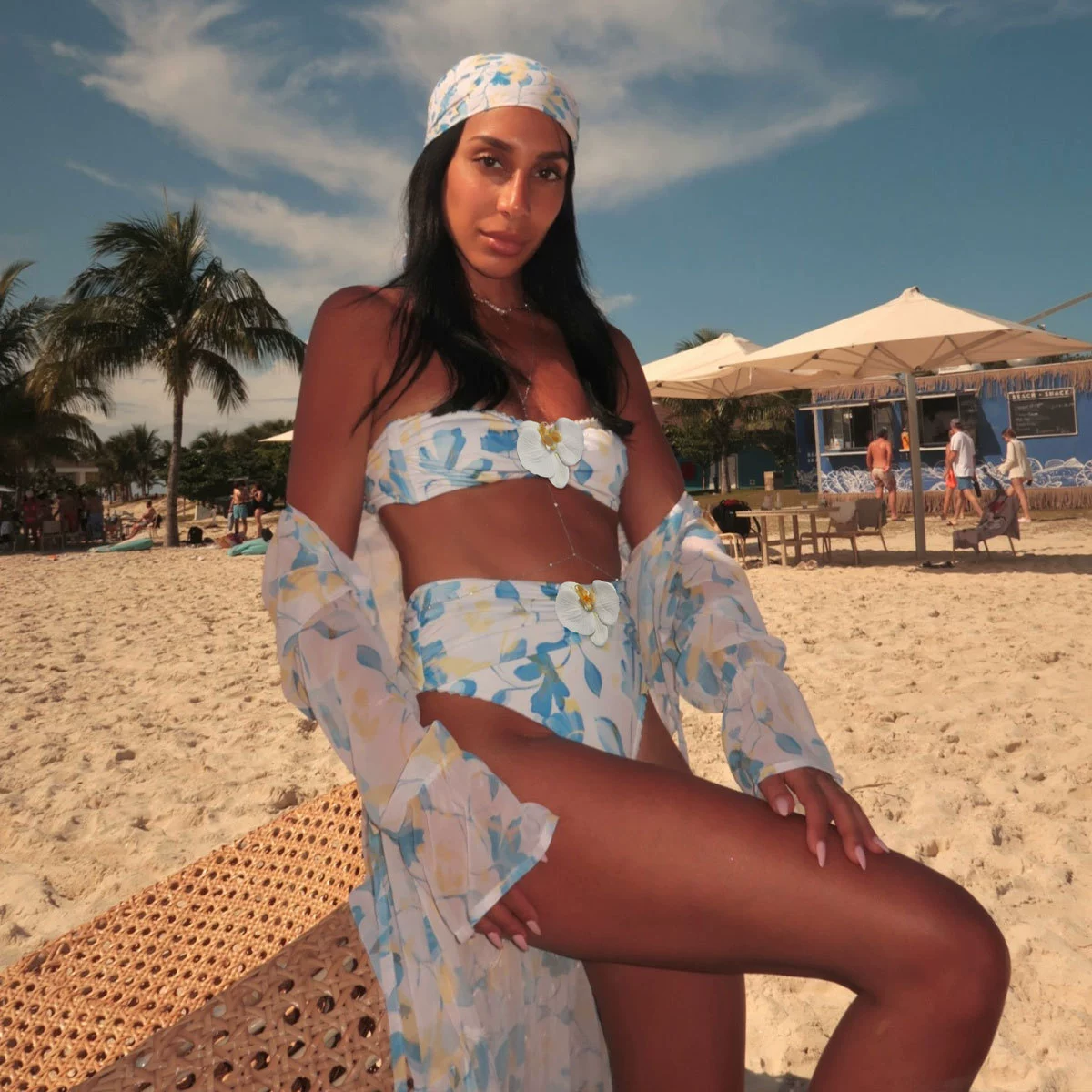 Bandeau Bikini Set with Ruched High Waist Bottom, Cover-Up and Head Scarf view 3