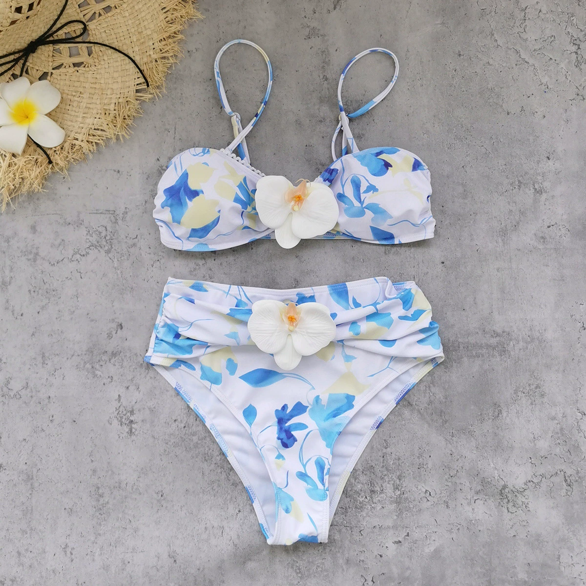Bandeau Bikini Set with Ruched High Waist Bottom, Cover-Up and Head Scarf view 4