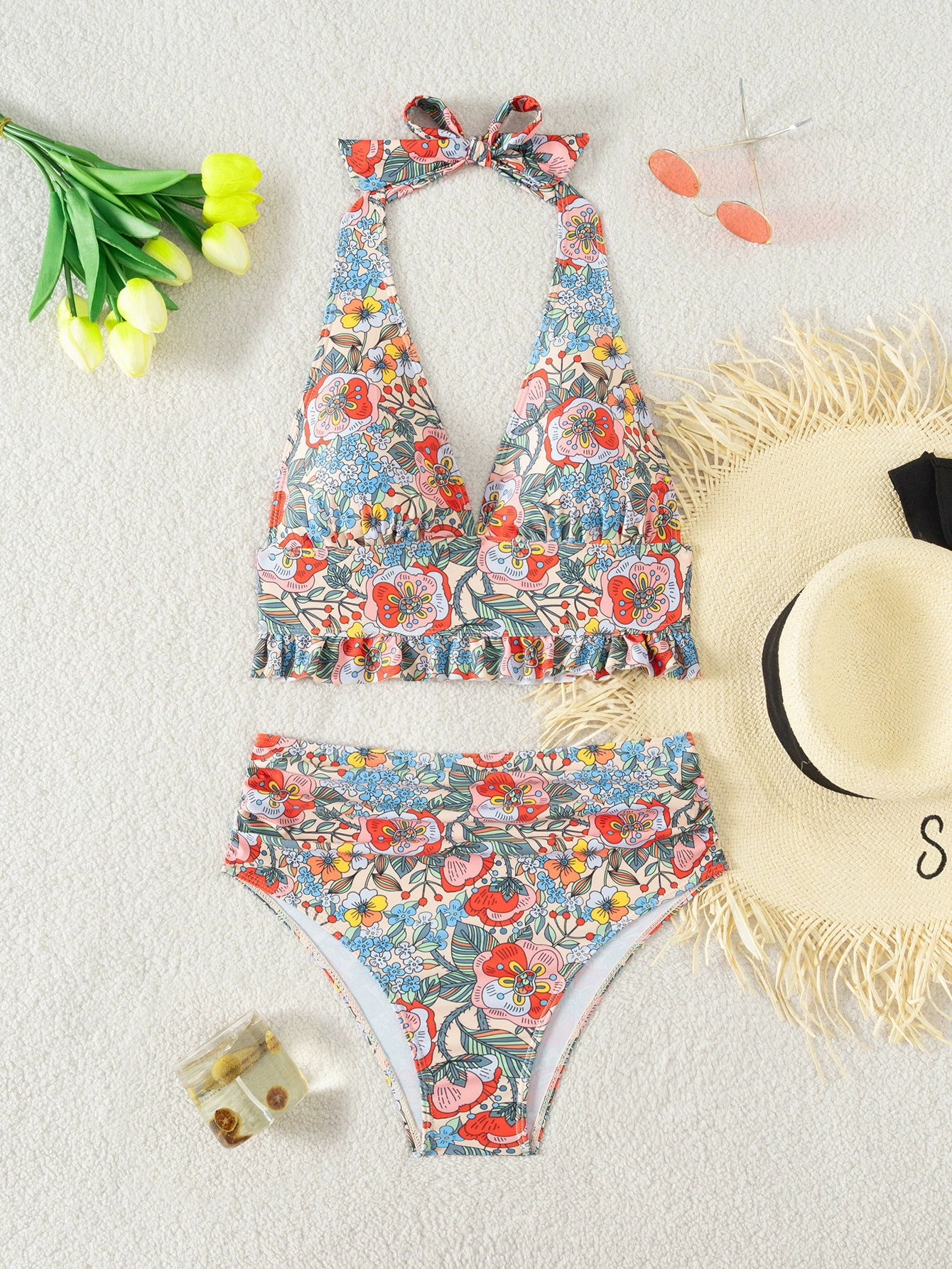 Halter Neck Ruffle Trim High Waisted Bikini Set