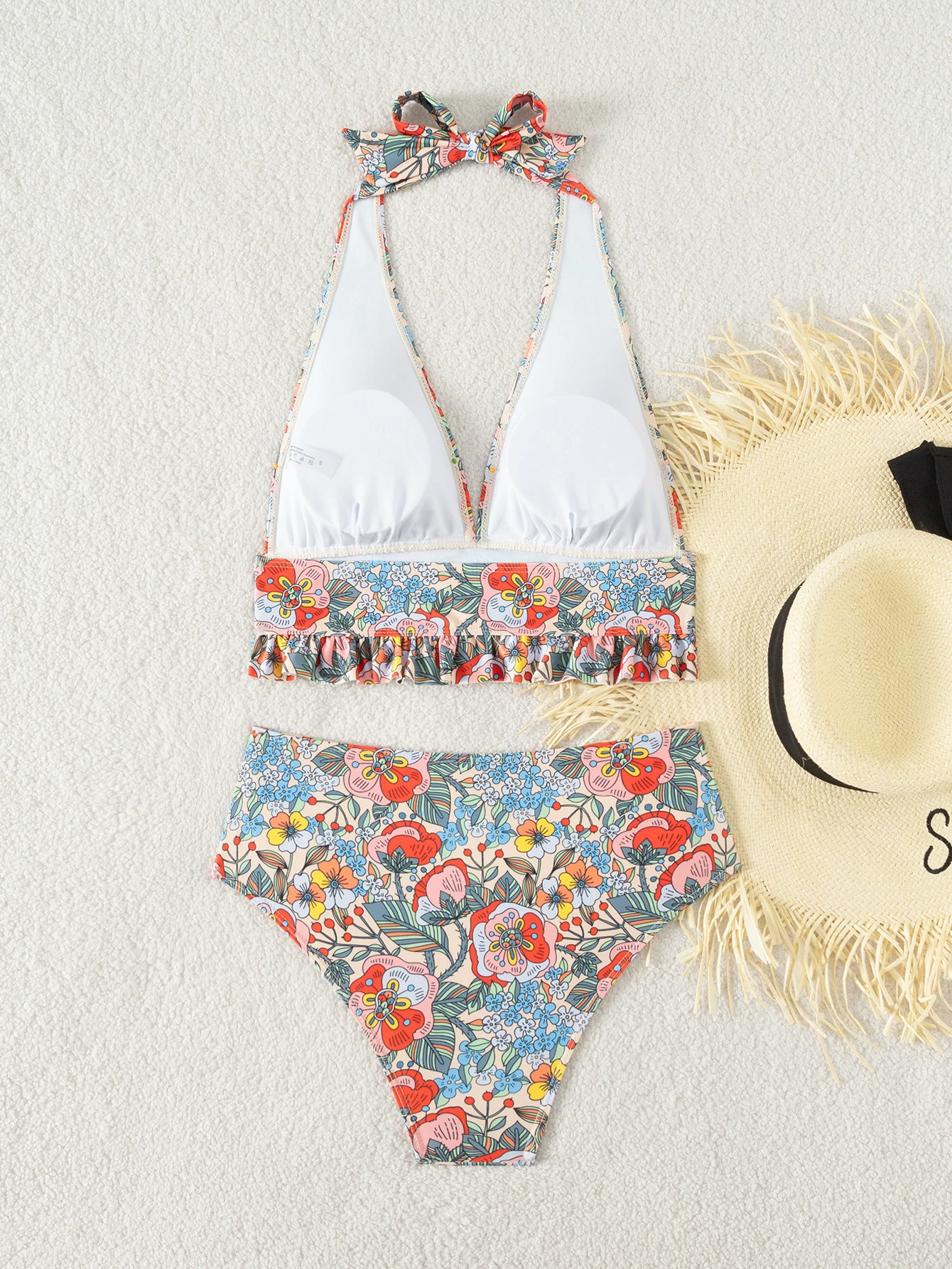 Halter Neck Ruffle Trim High Waisted Bikini Set view 3