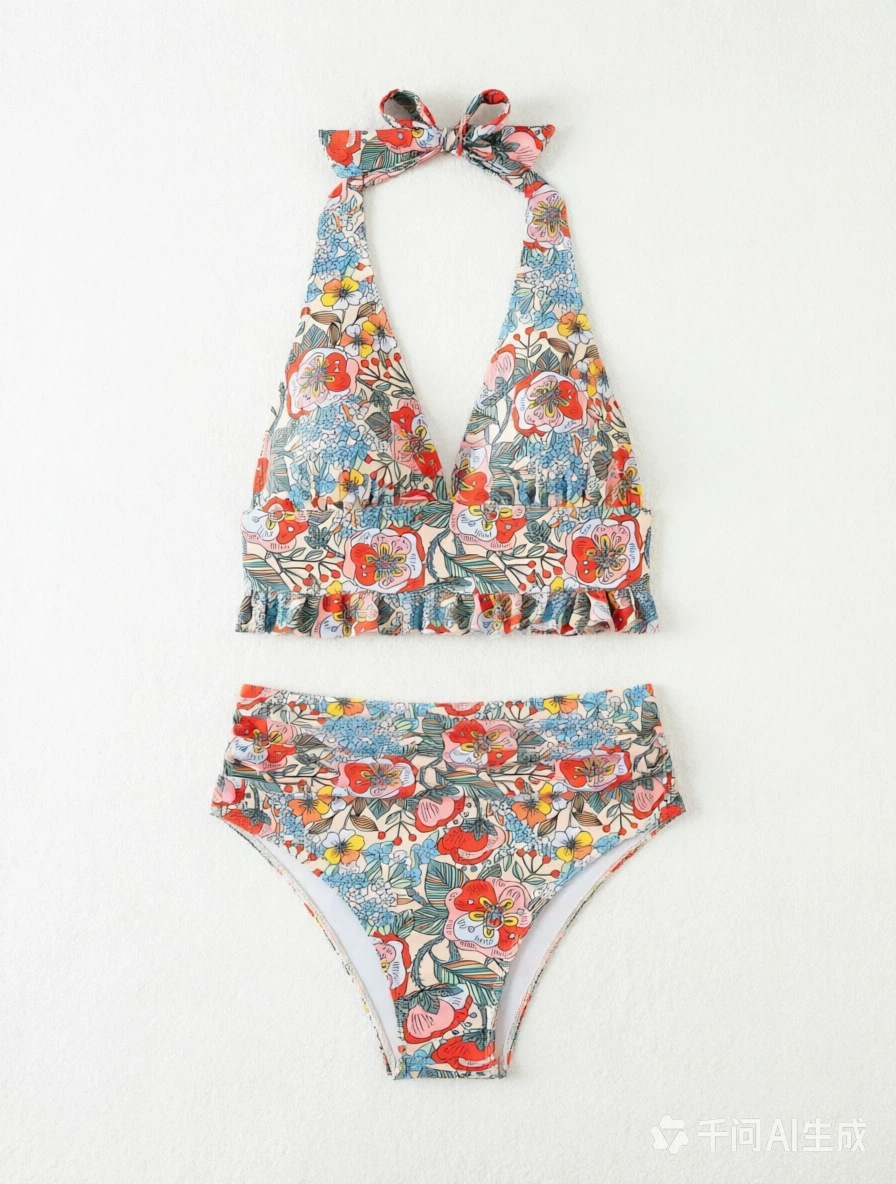 Halter Neck Ruffle Trim High Waisted Bikini Set view 5