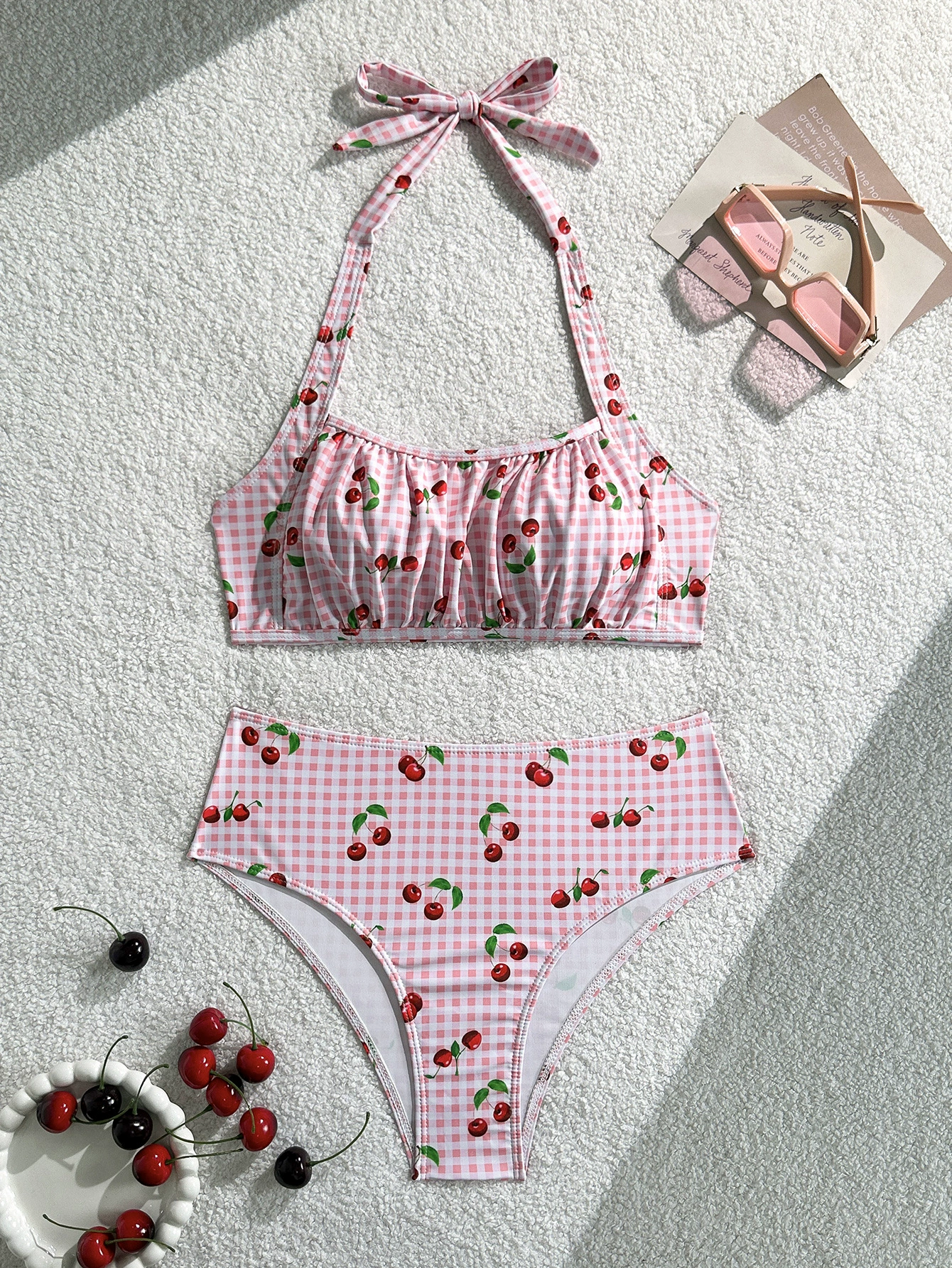 Ruched Halter Bikini Set with High-Waisted Bottoms
