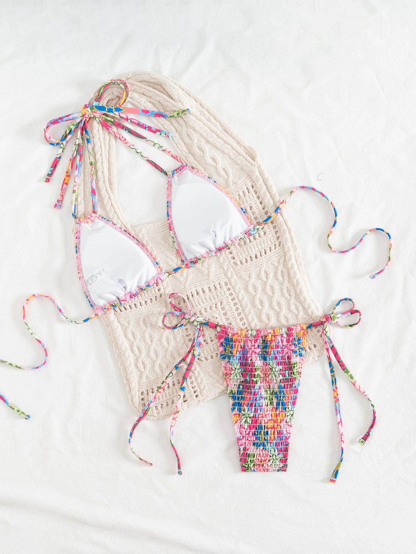 Shirred Halter Triangle Bikini Set with Tie-Side Bottoms view 2