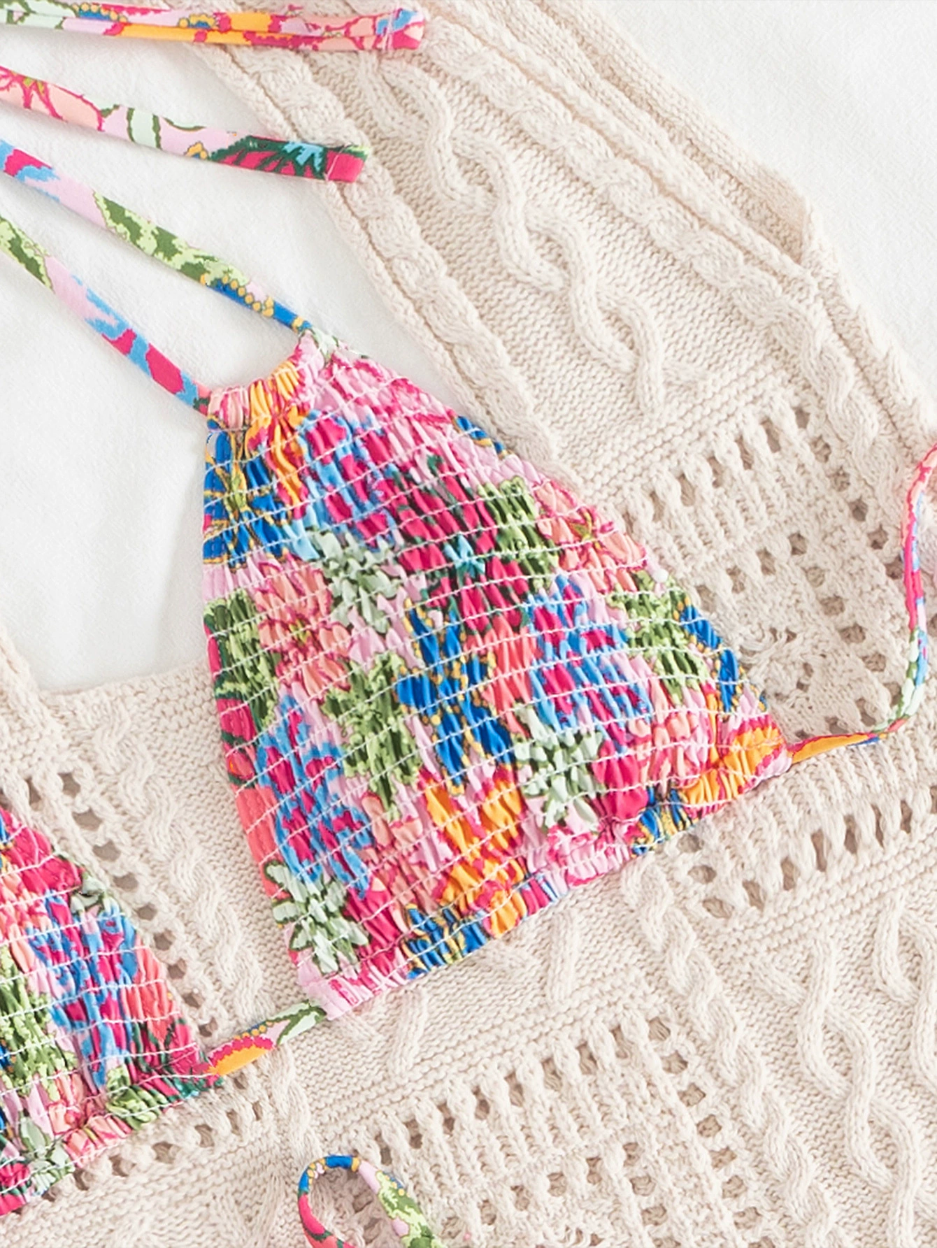 Shirred Halter Triangle Bikini Set with Tie-Side Bottoms view 3