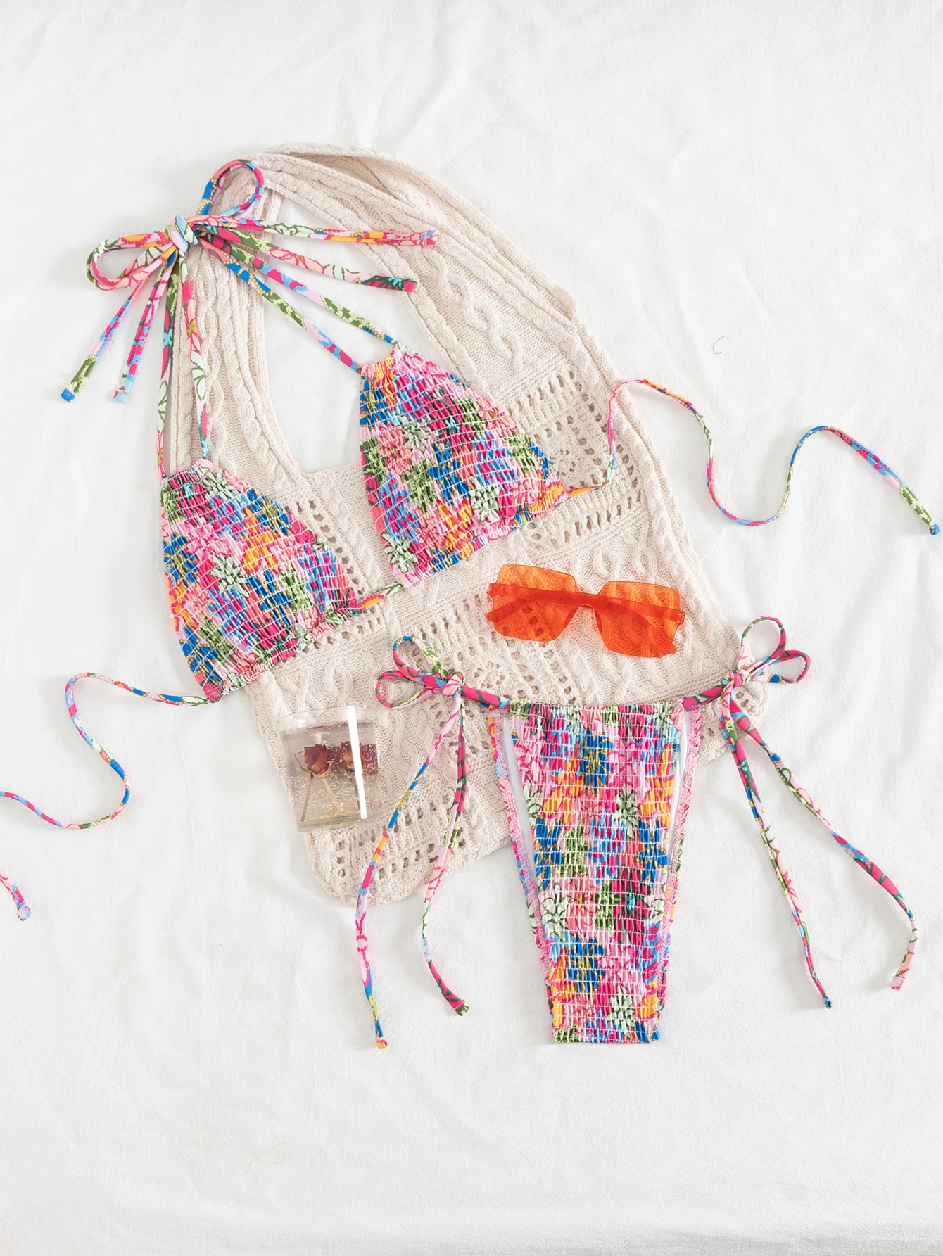 Shirred Halter Triangle Bikini Set with Tie-Side Bottoms view 5