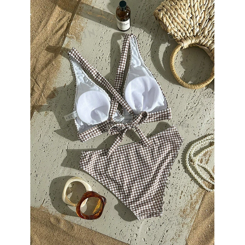 Halter V-Neck Bikini Set with High-Waisted Bottom view 3