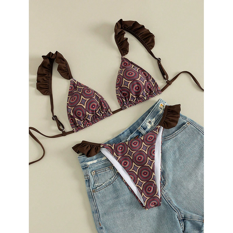 Ruffled Triangle Halter Bikini Set in Burgundy Geometric Print
