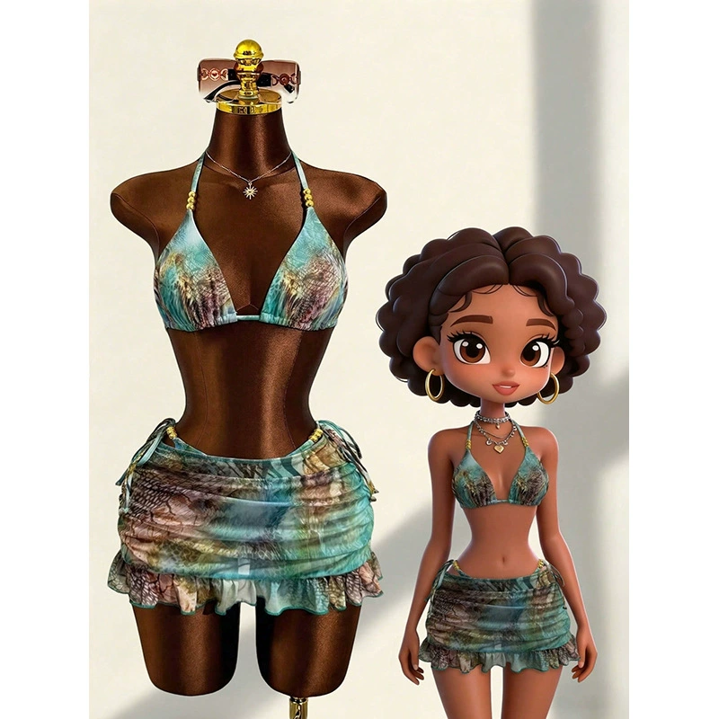 Three-Piece Halter Triangle Bikini Set with Ruched Mini Skirt in Blue Leopard Print