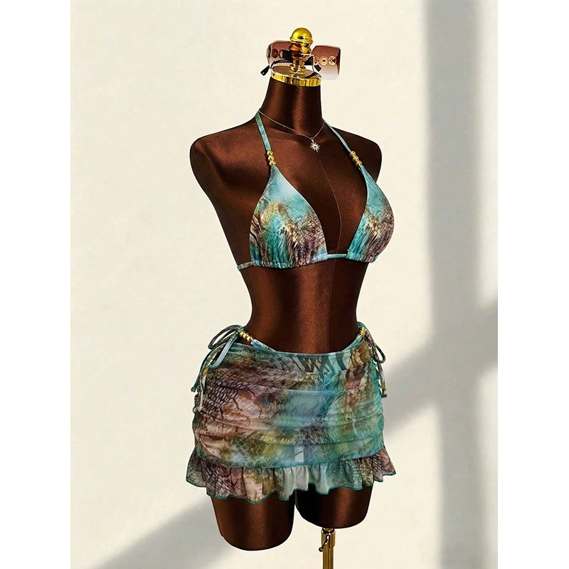 Halter Triangle Bikini Top and Ruched Mini Skirt Set view 3