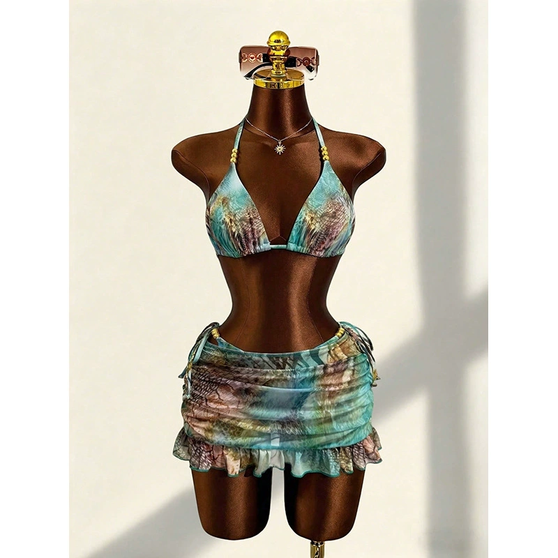 Halter Triangle Bikini Top and Ruched Mini Skirt Set view 4