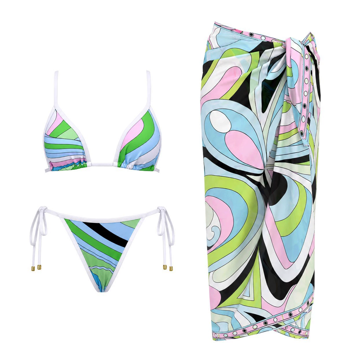 Triangle Bikini and Sarong Wrap Skirt Set in Colorful Swirl Print