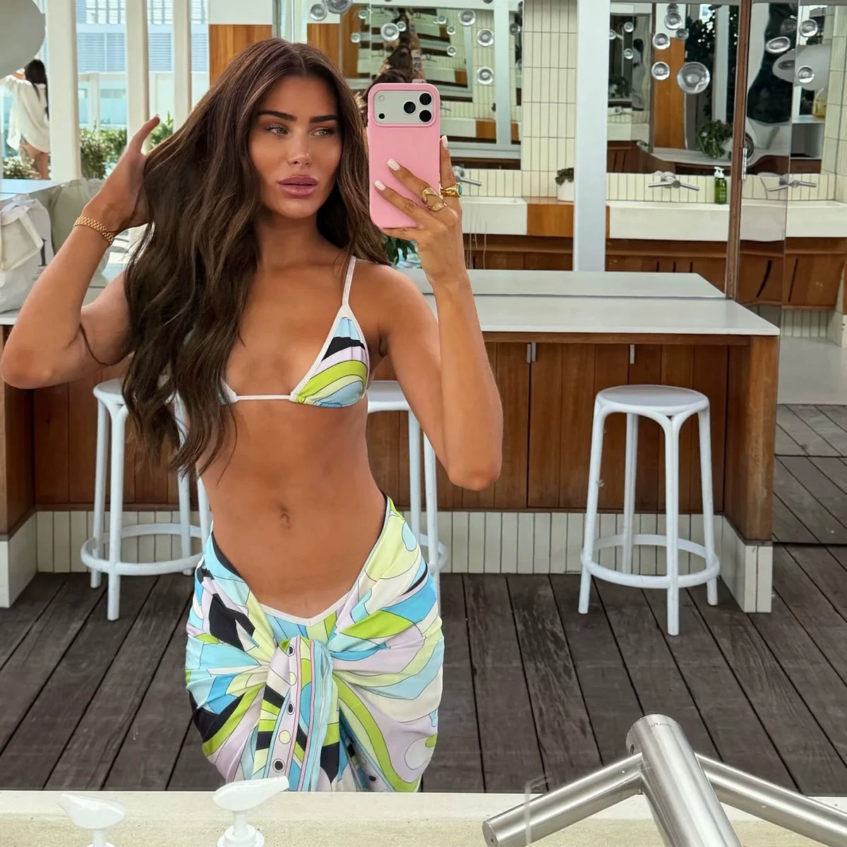 Triangle Bikini and Sarong Wrap Skirt Set in Colorful Swirl Print