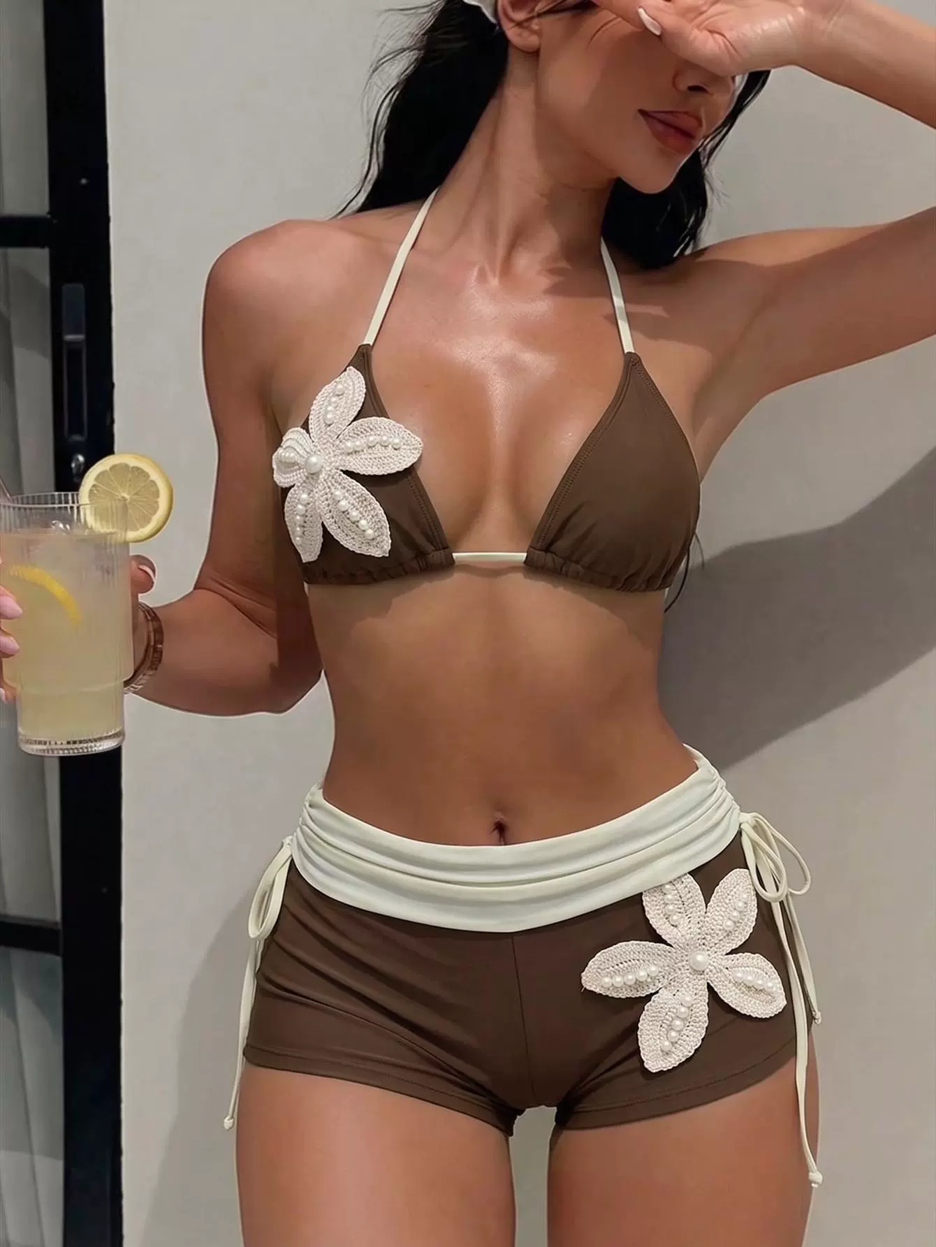 Halter Triangle Bikini Top with Boy Short Bottoms view 5