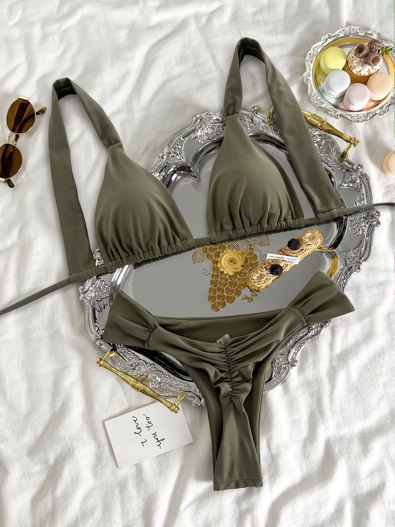 Women’s Wide-Strap Triangle Halter Bikini Set with Ruched High-Cut Bottom
