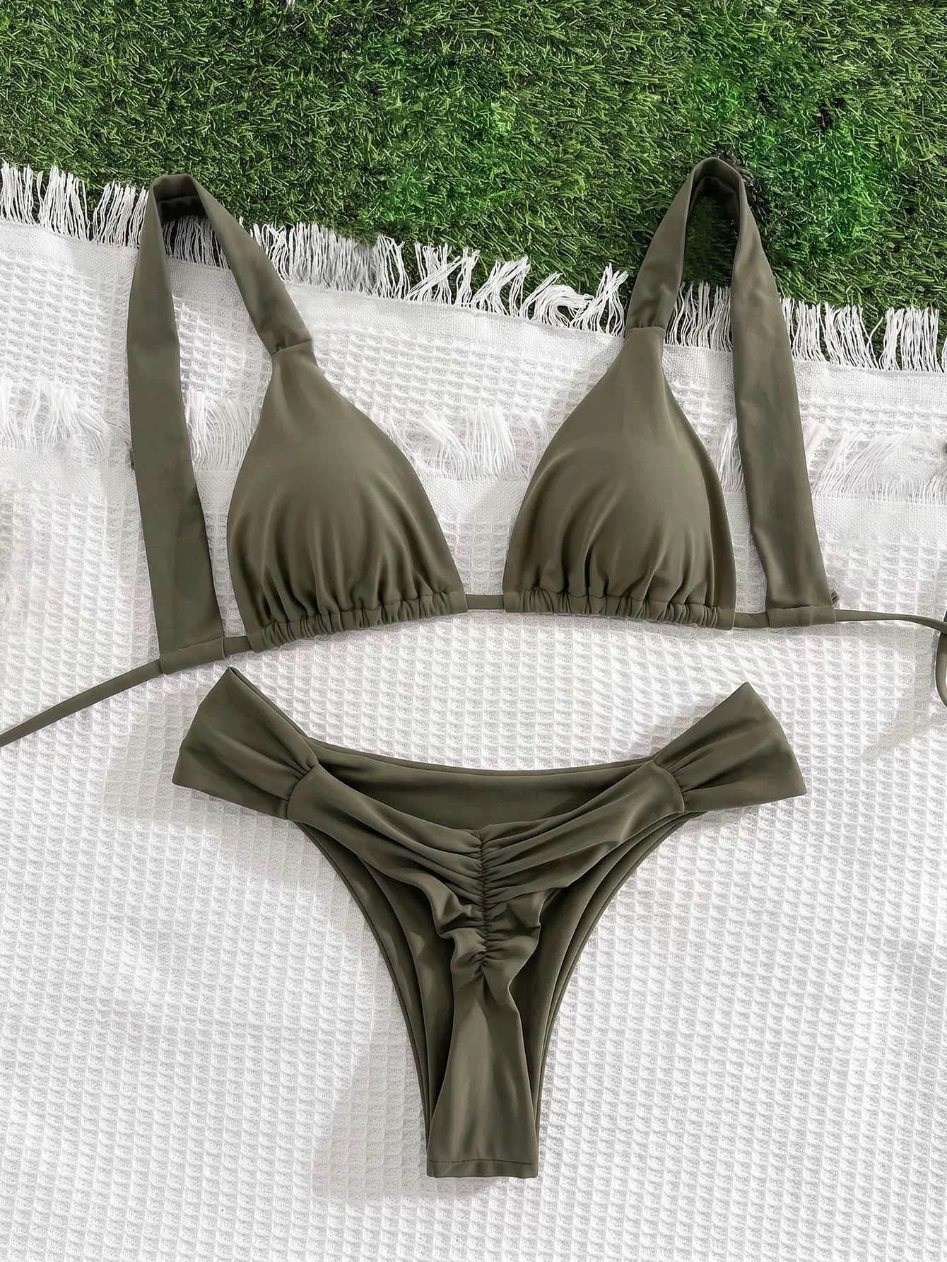 Women’s Wide-Strap Triangle Halter Bikini Set with Ruched High-Cut Bottom