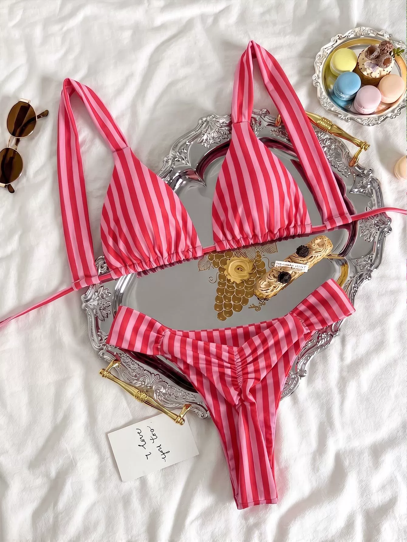 Women's Wide-Strap Triangle Halter Bikini Set with Ruched High-Cut Bottom view 4