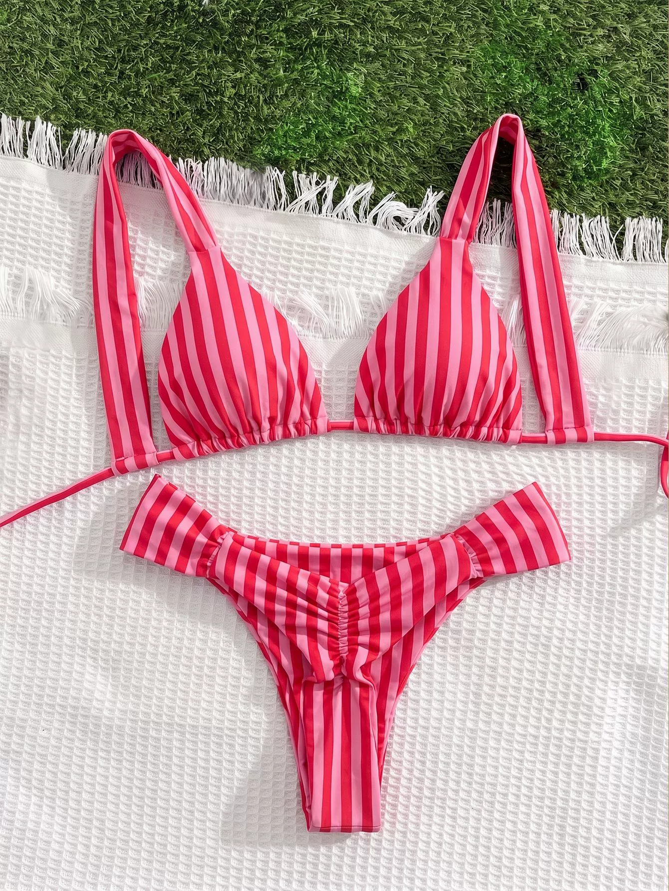 Women's Wide-Strap Triangle Halter Bikini Set with Ruched High-Cut Bottom view 7