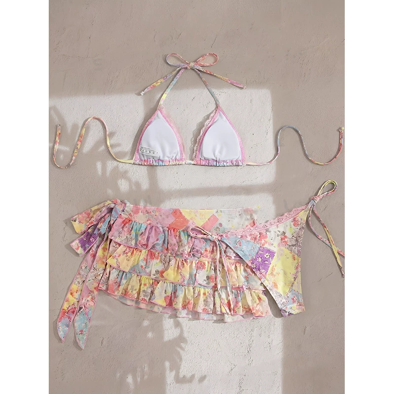 Halter Triangle Bikini with Tiered Ruffle Skirt Bottom view 4