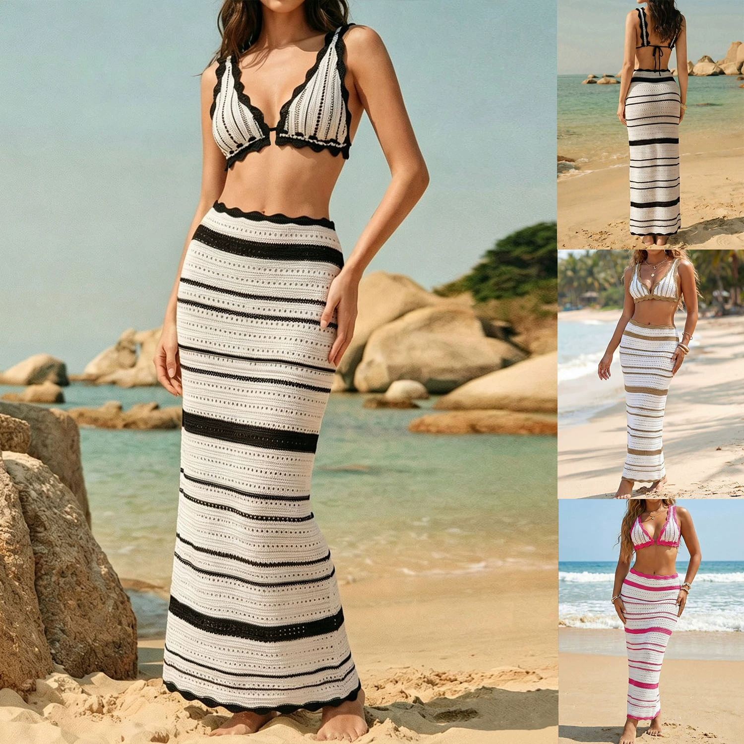 Crochet Bikini Top and Maxi Skirt Two-Piece Set